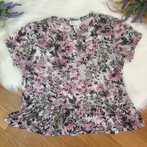 Full Tilt Floral Sheer Mesh Peplum Ruffle Top Med